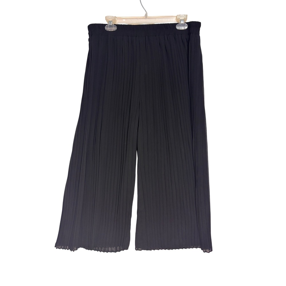 Pleated Wide Leg Cropped‎ Palazzo Pants Womens L Black Elastic Waist Flowy Party